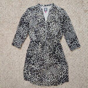 Vince Camuto Sz 4 Leopard Print Button Down Dress Elastic Drawstring Waist